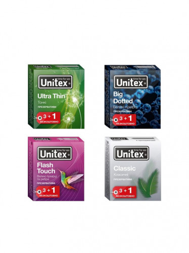 Набір презервативів асорті якісні класичні з ребрами Unitex Mix 16 шт. (4 пачки по 4 шт.)
