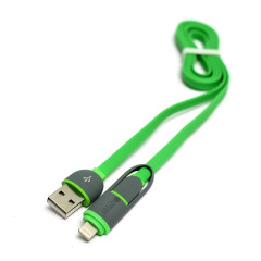 Кабель PowerPlant Quick Charge 2A 2-в-1 flat USB 2.0 AM – Lightning/Micro 1м green